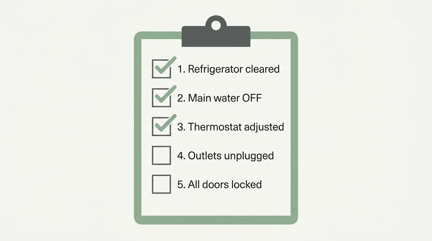 A clean horizontal checklist diagram showing five travel prep steps with green checkmarks.