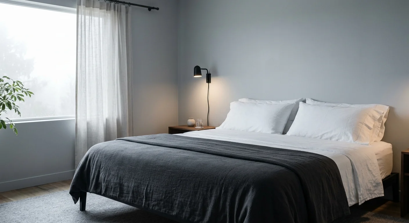 A clean, minimalist bedroom featuring cool silver gray walls, white cotton sheets, and cool morning window light.