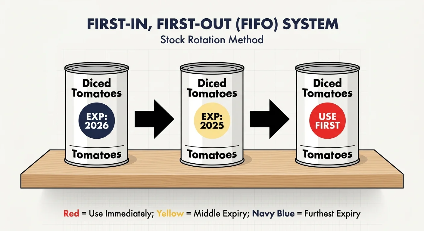 A clear diagram demonstrating the FIFO pantry system with cans labeled by color-coded expiration stickers.