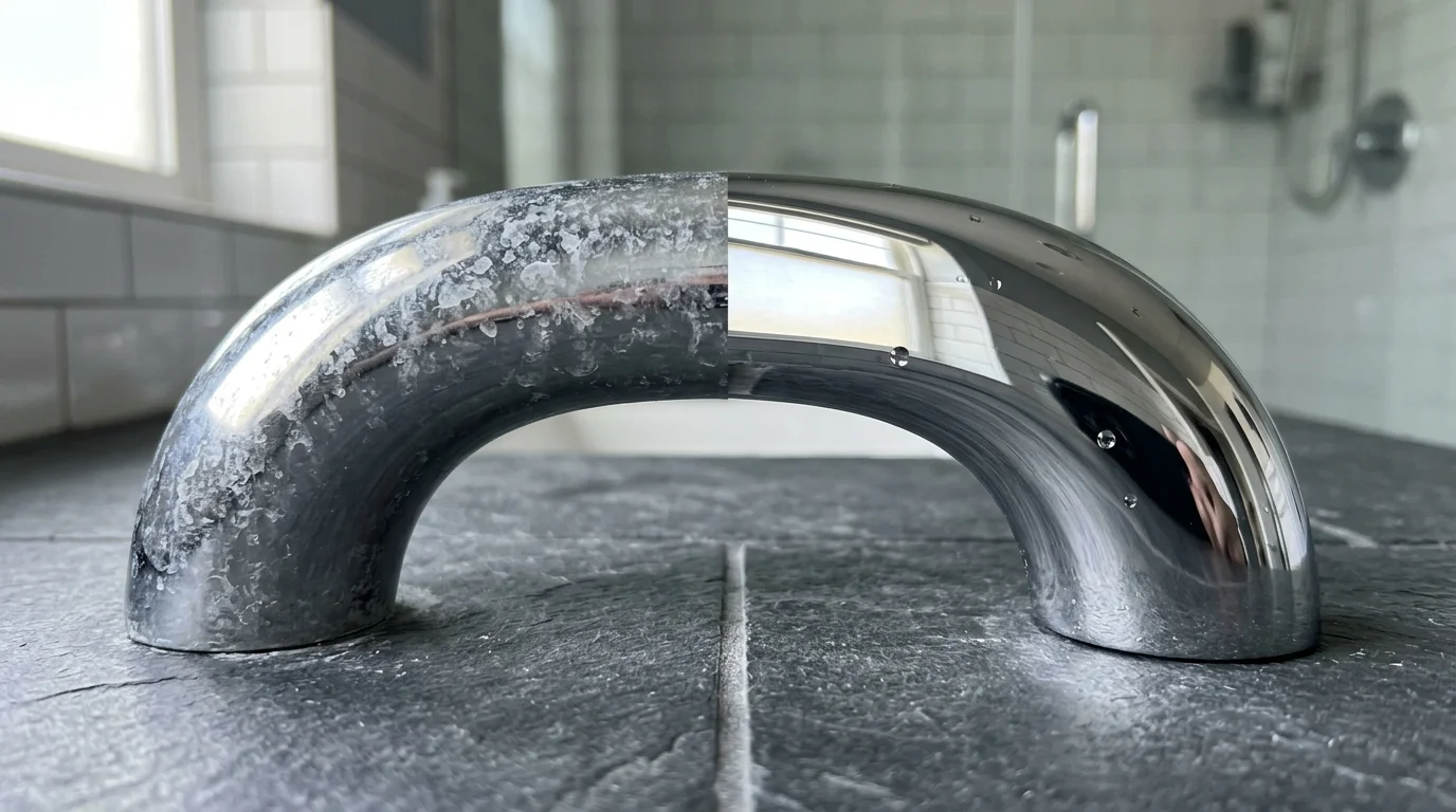 A close-up photo of a chrome faucet, half covered in white water spots and half polished to a mirror-like shine.