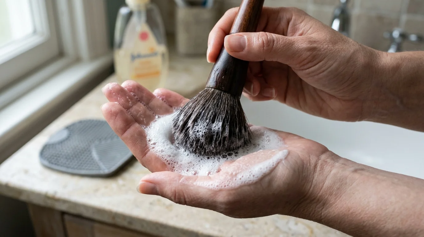A close-up photo of a hand swirling a makeup brush into soapy lather in the palm of their hand.