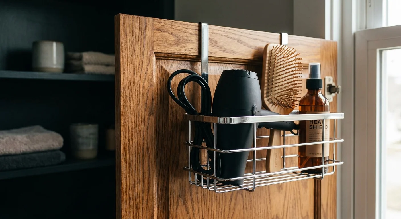 A close-up photo of a metal wire caddy hanging over an open cabinet door, holding a hair dryer and a hairbrush.