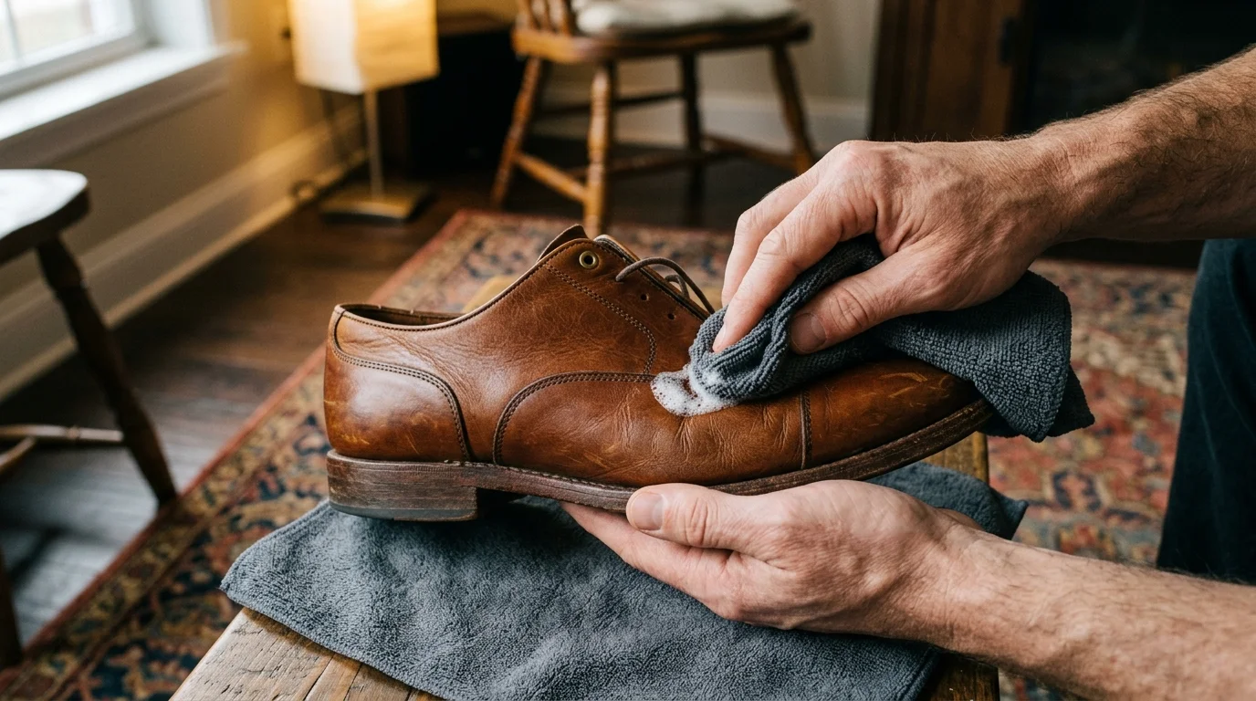 A close-up photo of a person gently cleaning a brown leather shoe with a damp microfiber cloth and shampoo suds.
