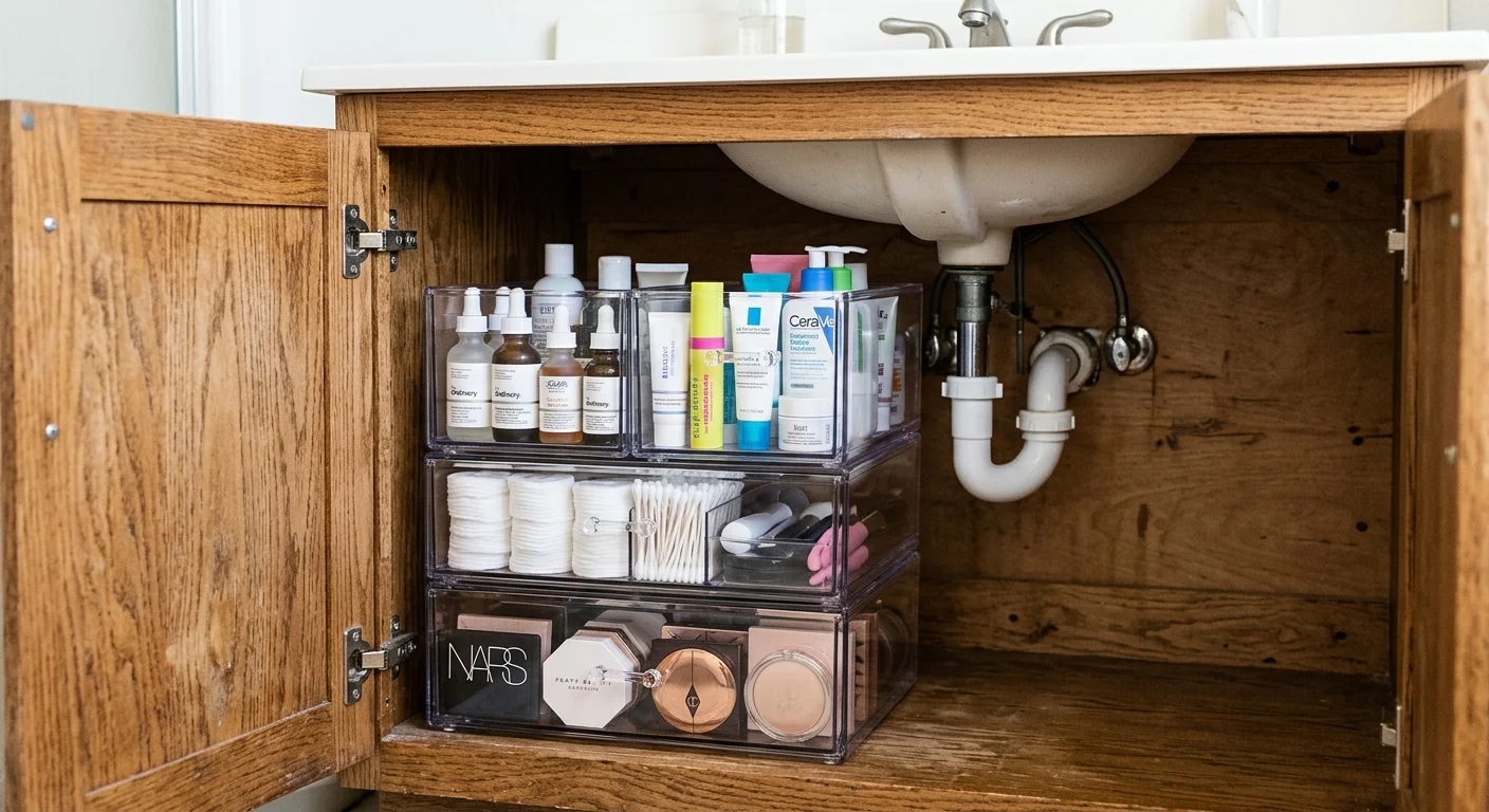 A close-up photo of organized, clear acrylic drawer units stacked inside a wooden bathroom vanity cabinet.