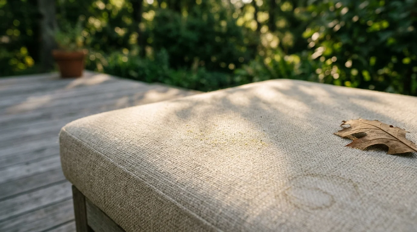 A close-up photograph of a beige outdoor furniture cushion showing textured fabric, yellow pollen dust, and soft afternoon shadows.