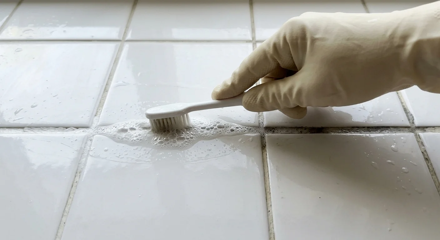 A close-up photograph of a gloved hand scrubbing tile grout with a toothbrush and fizzing hydrogen peroxide.