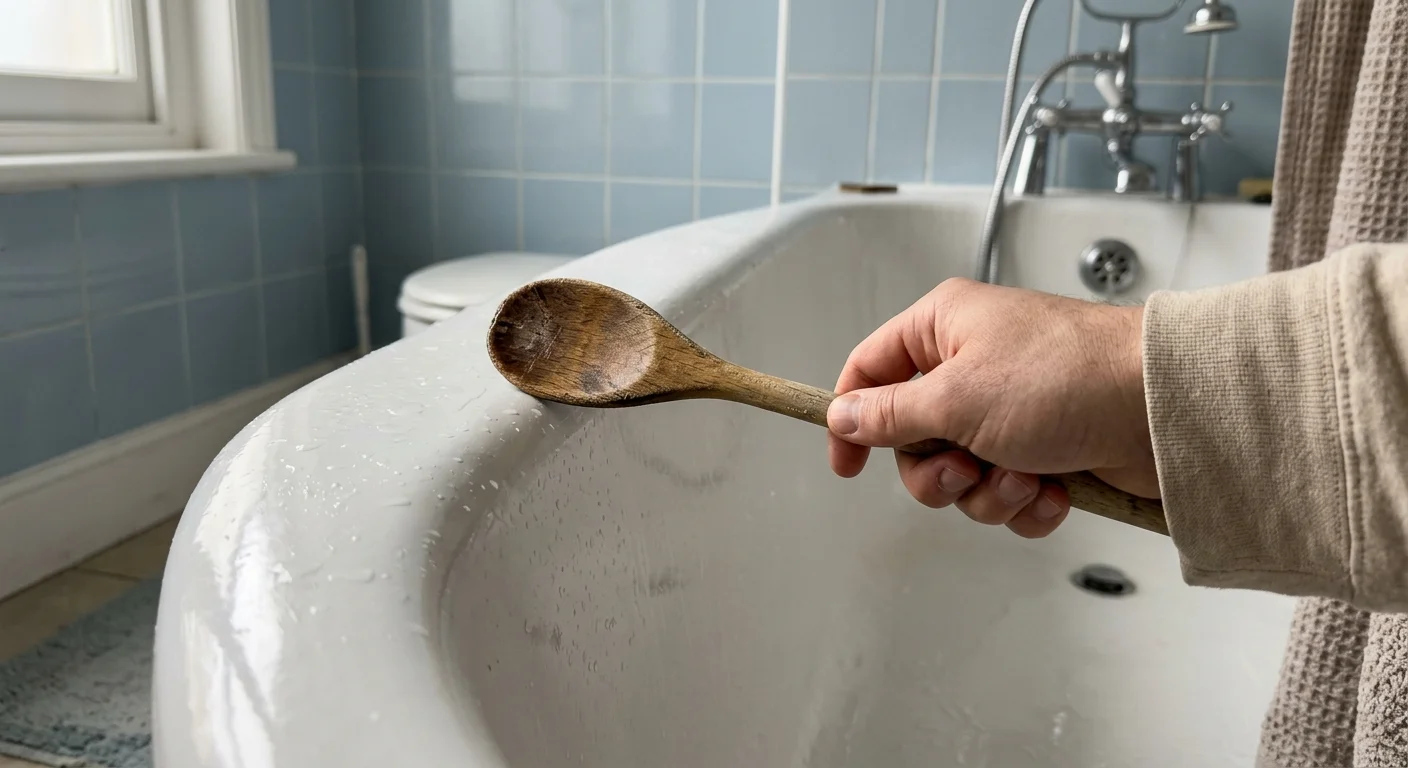 A close-up photograph of a hand gently tapping the side of a white bathtub with a wooden spoon to identify its material.