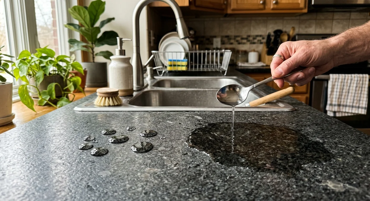 A close-up photograph of a hand testing countertop sealant with water droplets on grey granite.