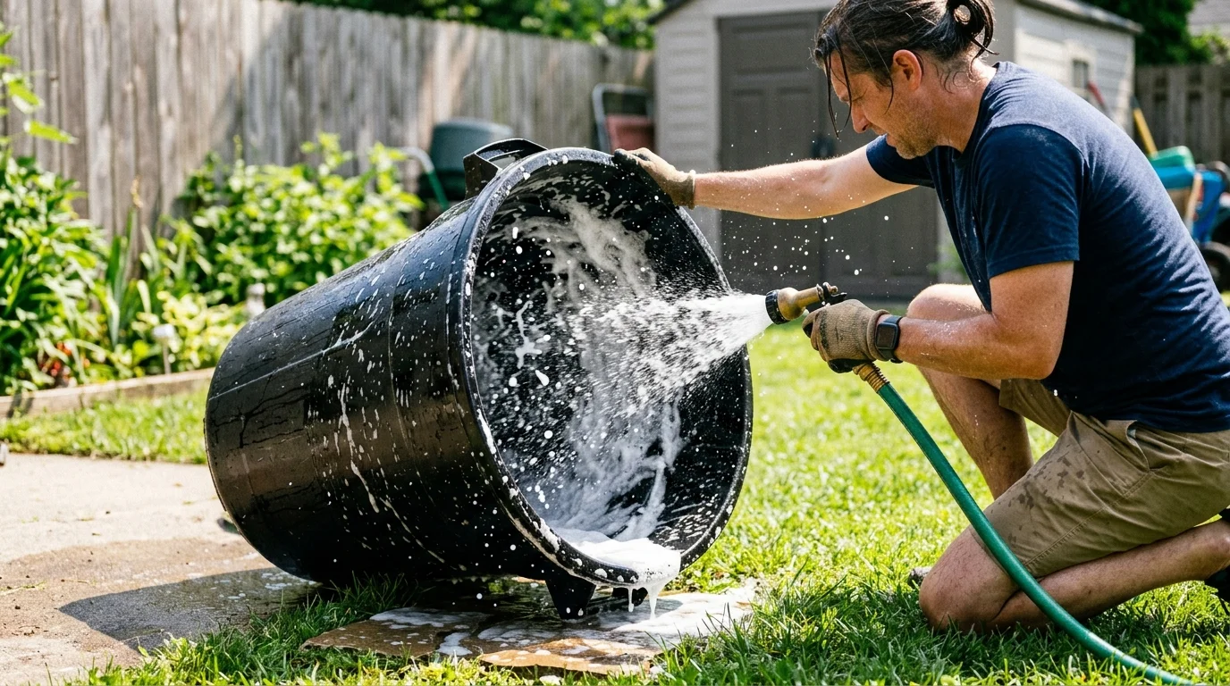 A close-up photograph of a person washing out a black plastic trash can with a high-pressure garden hose on a sunny backyard lawn.
