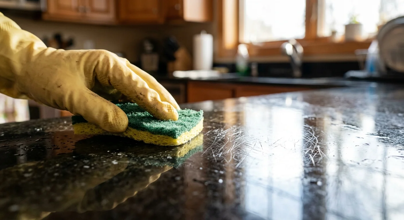 A close-up photograph of a scrub sponge scratching a polished black granite countertop.