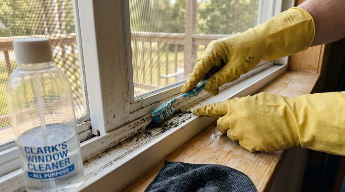 A close-up photograph of hands in yellow gloves scrubbing dark dirt out of a white vinyl window track with a toothbrush.