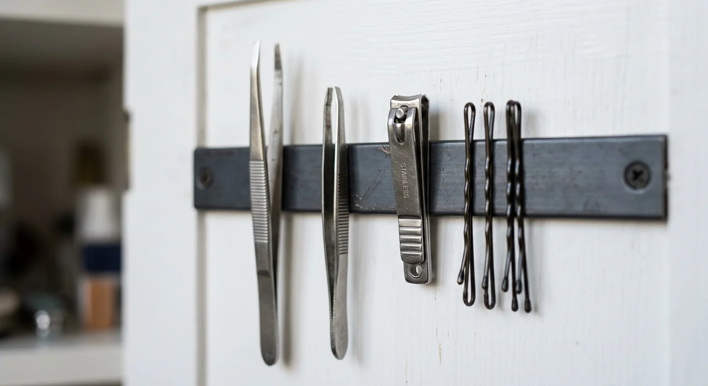 A close-up photograph of metal tweezers and bobby pins magnetically attached to a strip inside a cabinet door.