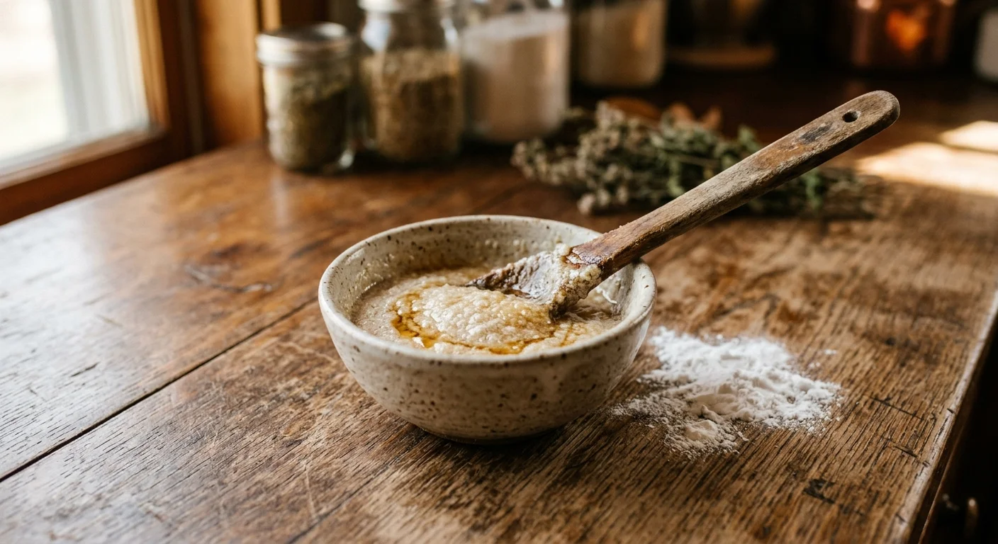 A close-up photograph of natural dish soap being mixed into a ceramic bowl of white baking soda on a wooden counter.