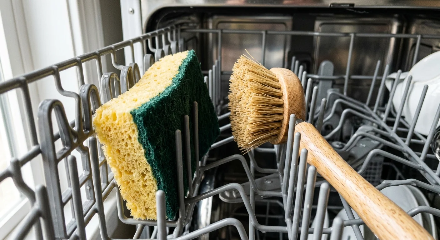 A close-up shot of a yellow kitchen sponge and a wooden dish brush placed securely on the top rack of a dishwasher.