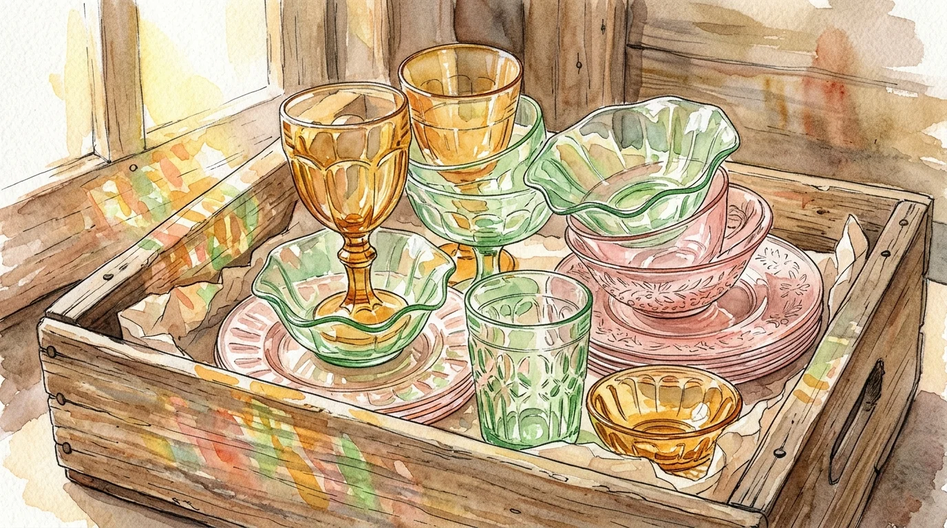 A colorful watercolor drawing of green, pink, and amber depression glassware stacked in a wooden crate.
