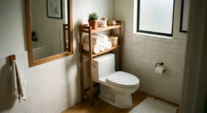 A compact, modern bathroom with organized vertical shelving over the toilet and a recessed wooden medicine cabinet.