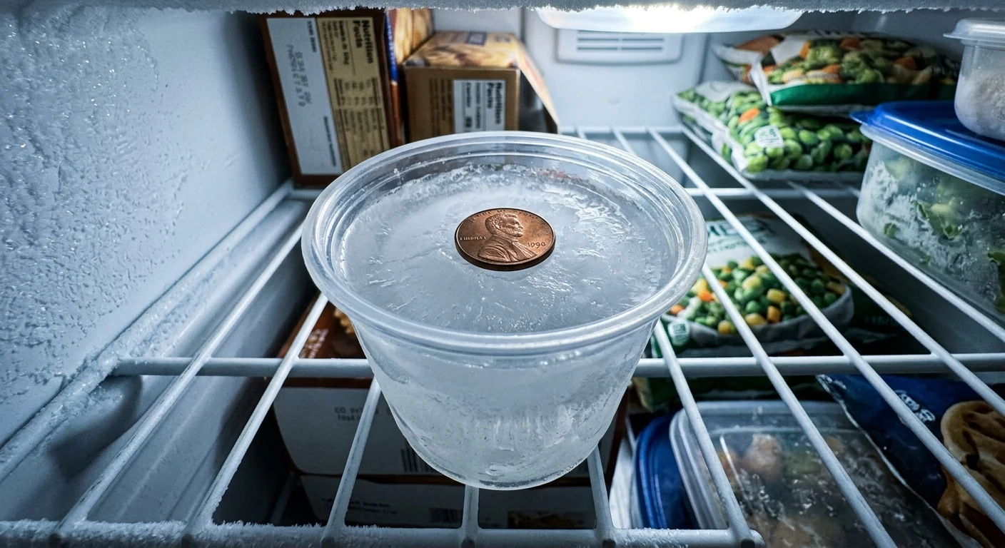 A copper coin resting on top of an ice cup inside a home freezer as a power outage monitoring trick.