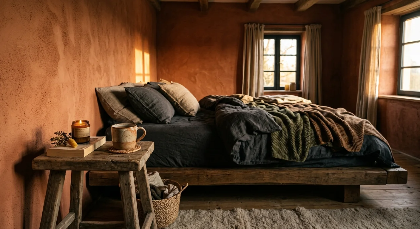 A cozy bedroom with rich terracotta plaster walls, charcoal linen bedding, and dramatic late-afternoon golden hour shadows.