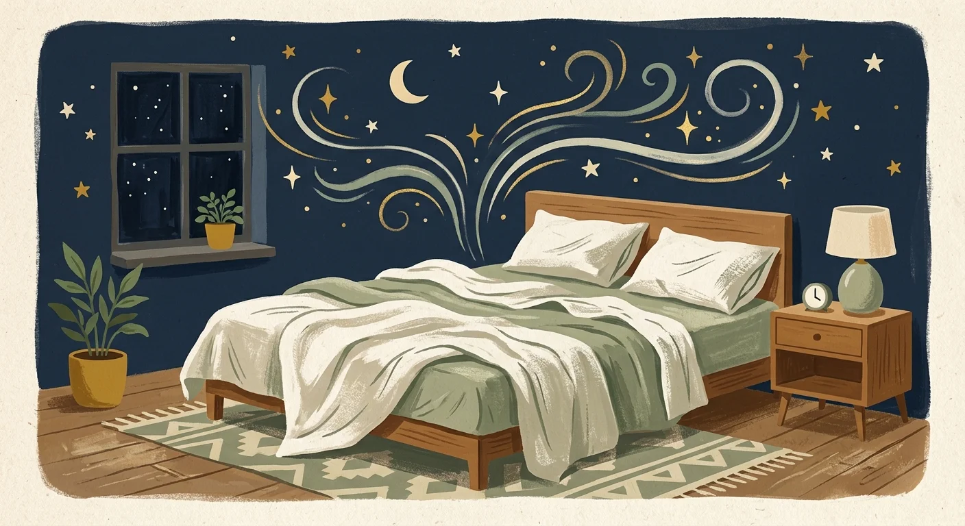 A cozy, hand-painted gouache illustration of a bed with rumpled green linen sheets under a starry sky, with clean air currents rising.