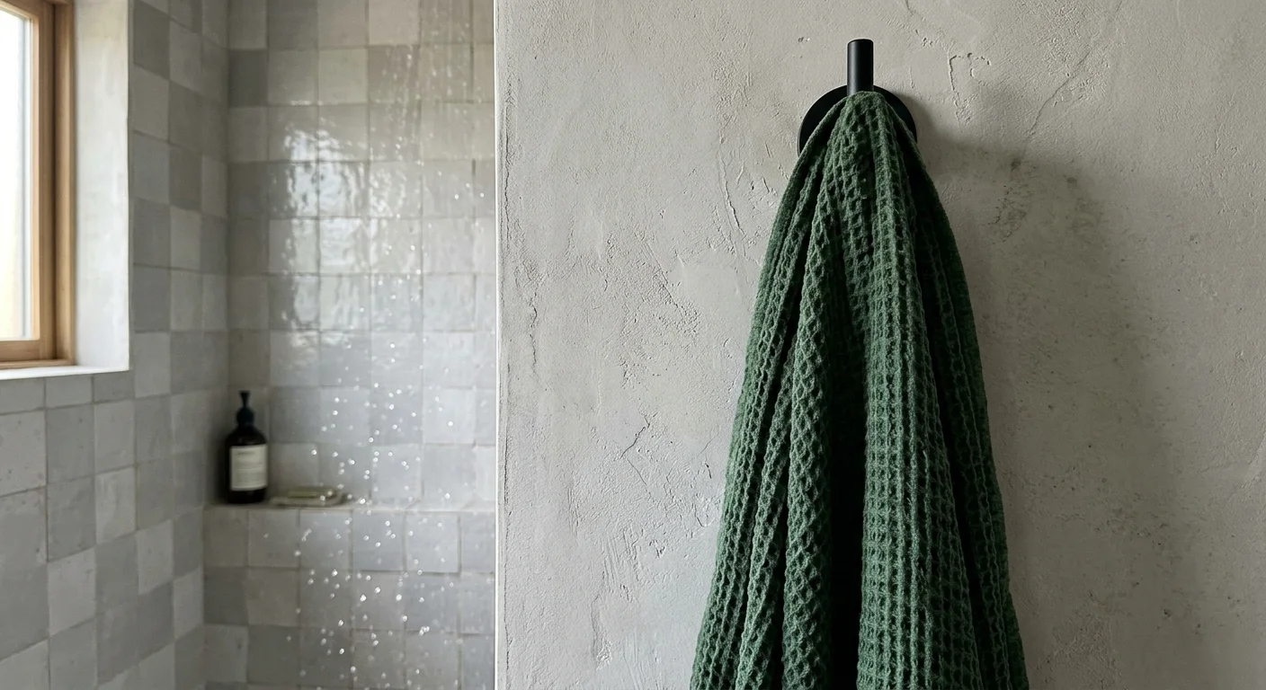 A damp, dark green waffle-weave towel hanging on a black hook against a textured light gray plaster wall in a modern bathroom.