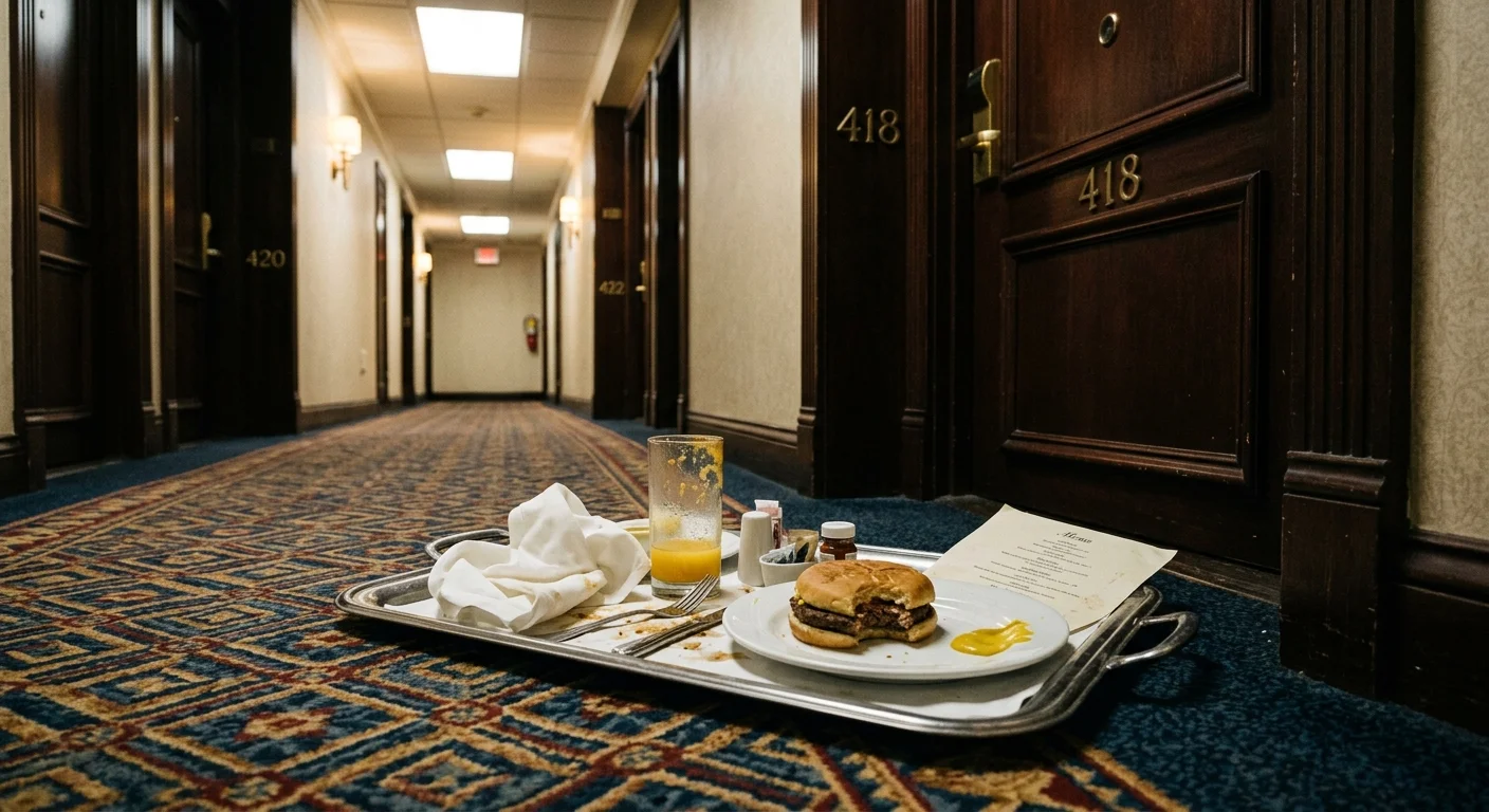 A dirty room service tray with leftover food abandoned on the carpet of a narrow hotel hallway.