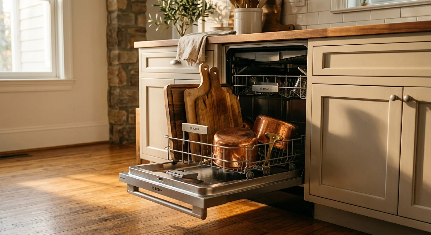 A dishwasher door slightly open, revealing clean wooden cutting boards and copper pots drying inside.
