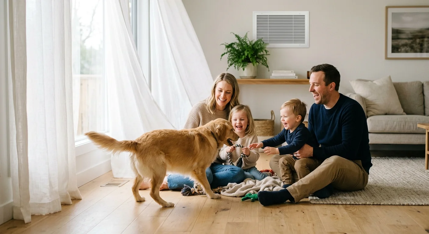 A family and their dog happy and relaxed on the living room floor, enjoying the cool, clean air of their home.