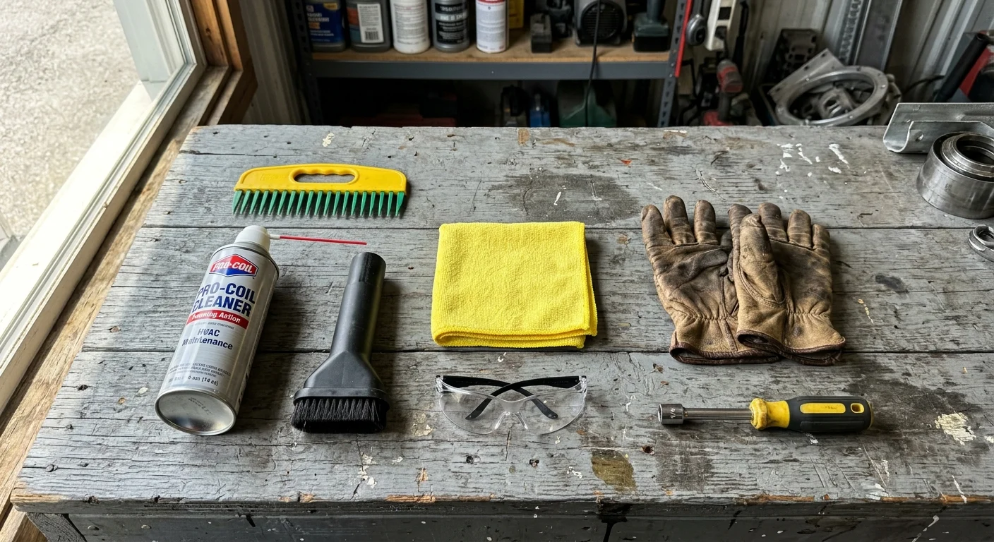 A flat lay photograph of air conditioning maintenance tools including a fin comb, foaming cleaner, shop vac nozzle, safety glasses, and glov