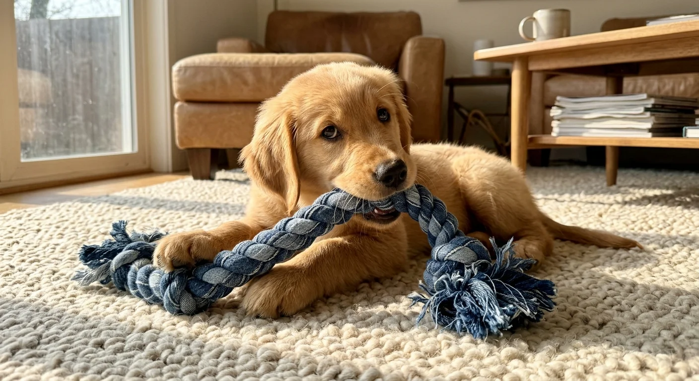 A golden retriever puppy lying on a cream rug, playing with a thick braided denim rope toy made from old jeans.