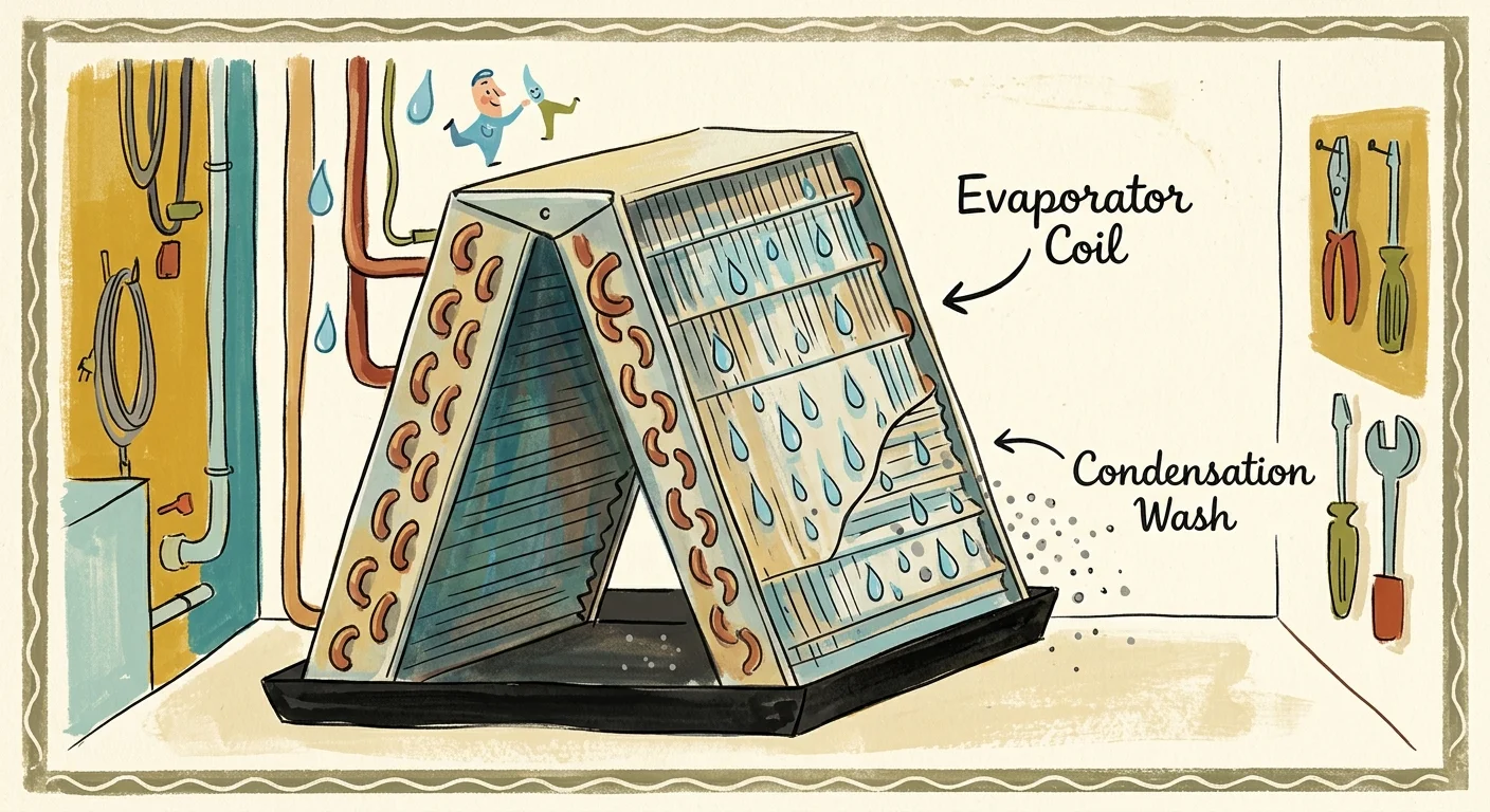 A gouache illustration of an indoor evaporator coil cross-section, showing condensation washing dust into a drain pan.