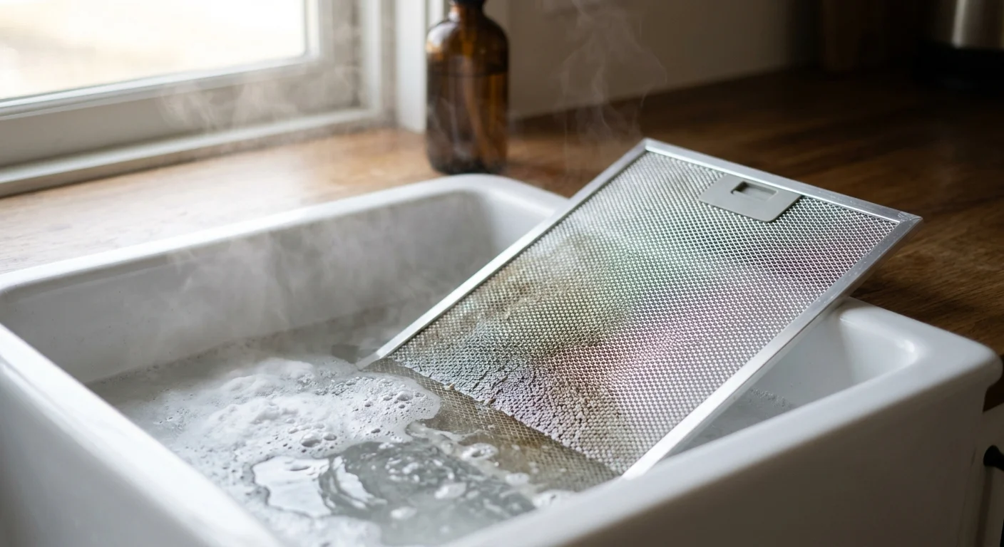 A greasy metal range hood filter half-submerged in a soapy white sink with baking soda bubbles and rising steam.