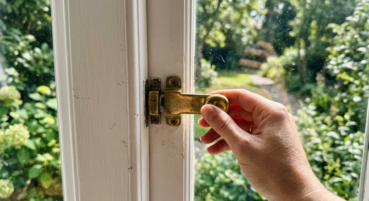 A hand securing a brass latch lock on a white wooden window frame with a sunny garden in the background.