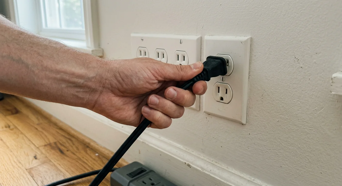 A hand unplugging a black power cable from a white wall outlet, demonstrating how to stop energy drain.