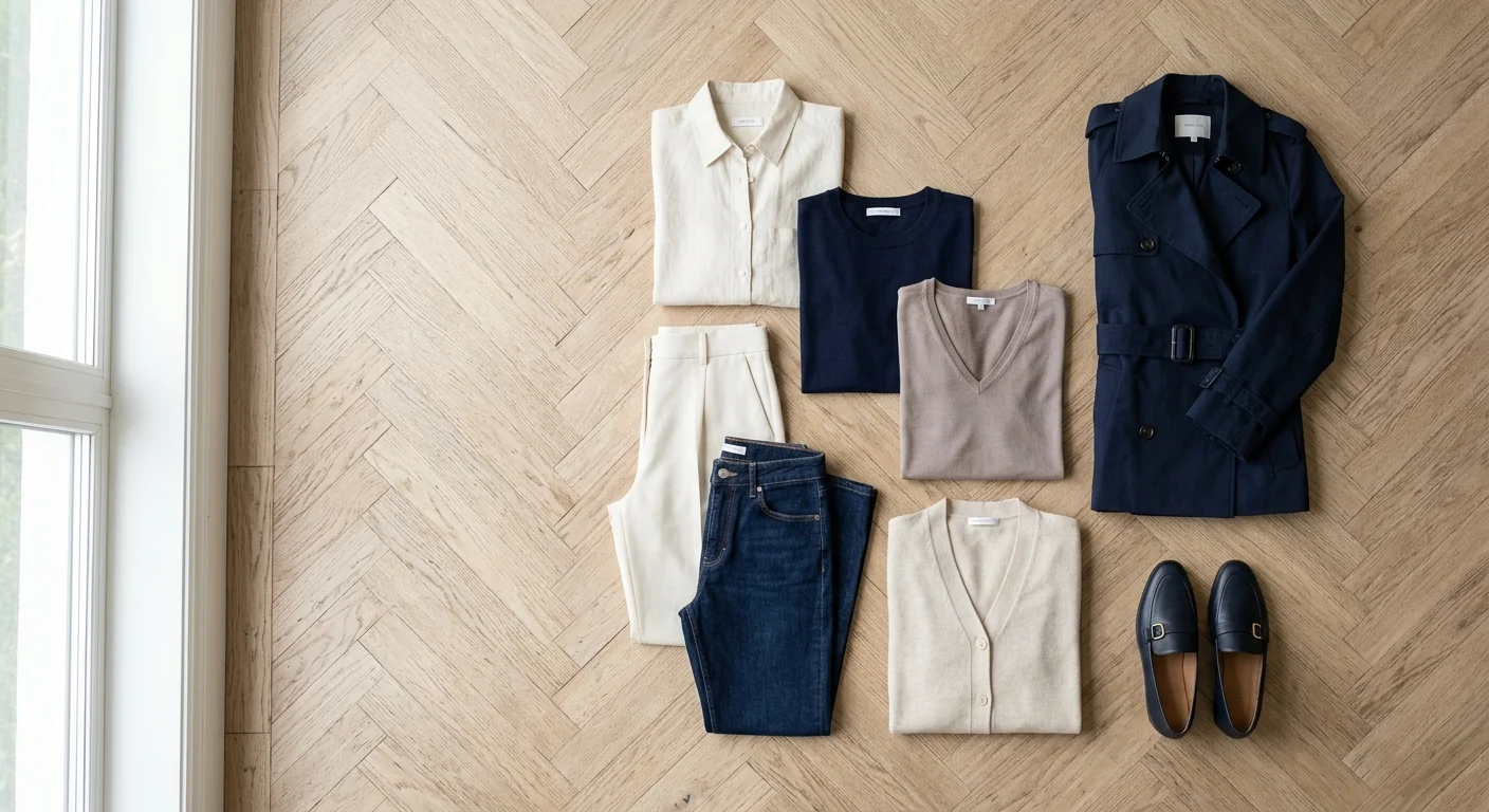 A high-angle flat-lay photograph of a minimalist travel capsule wardrobe in cream and navy tones on a wood floor.