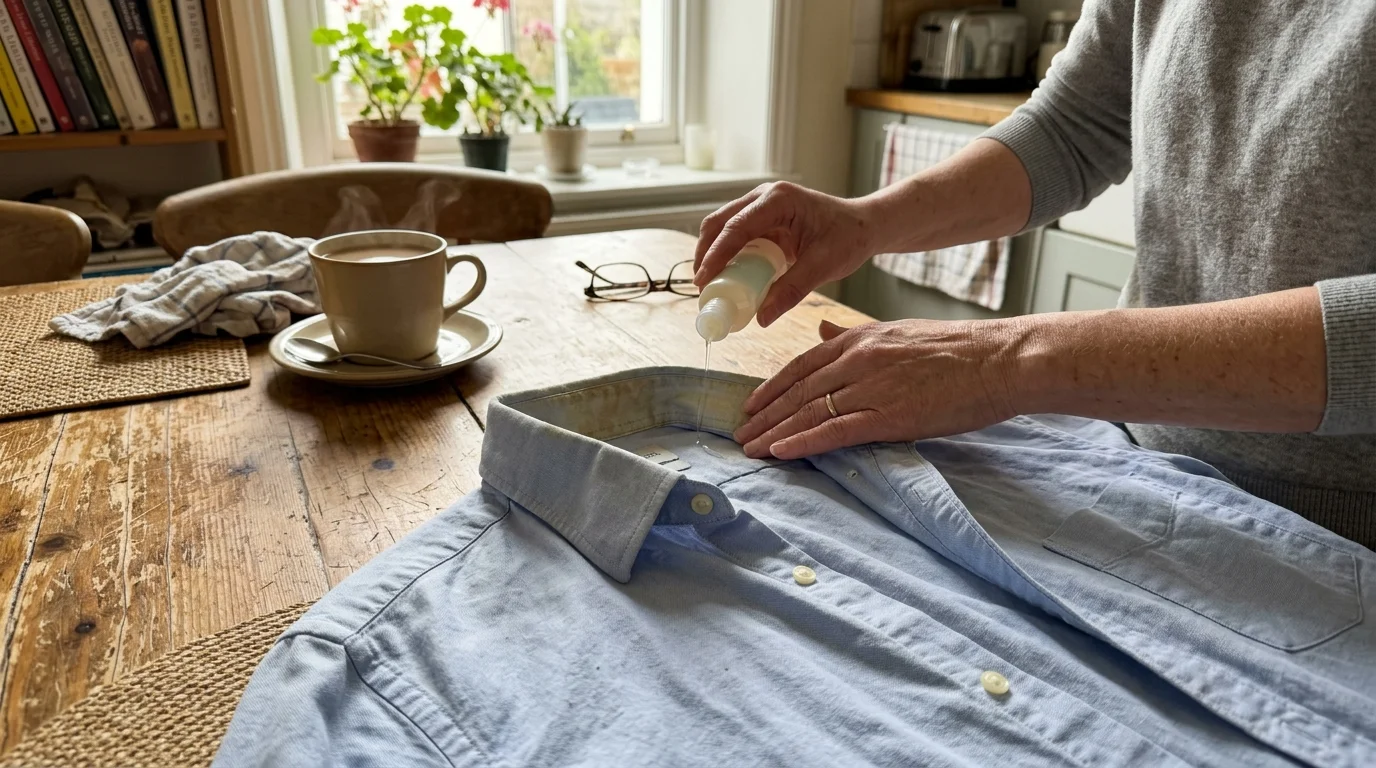 A high-angle photo of a person applying clear shampoo to the yellowed collar of a light-blue dress shirt on a wooden table.