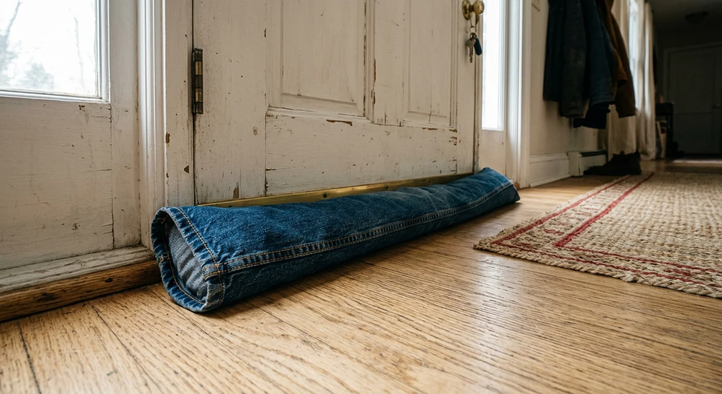 A homemade denim draft dodger made from a jean leg resting against the bottom of a white wooden front door to block drafts.