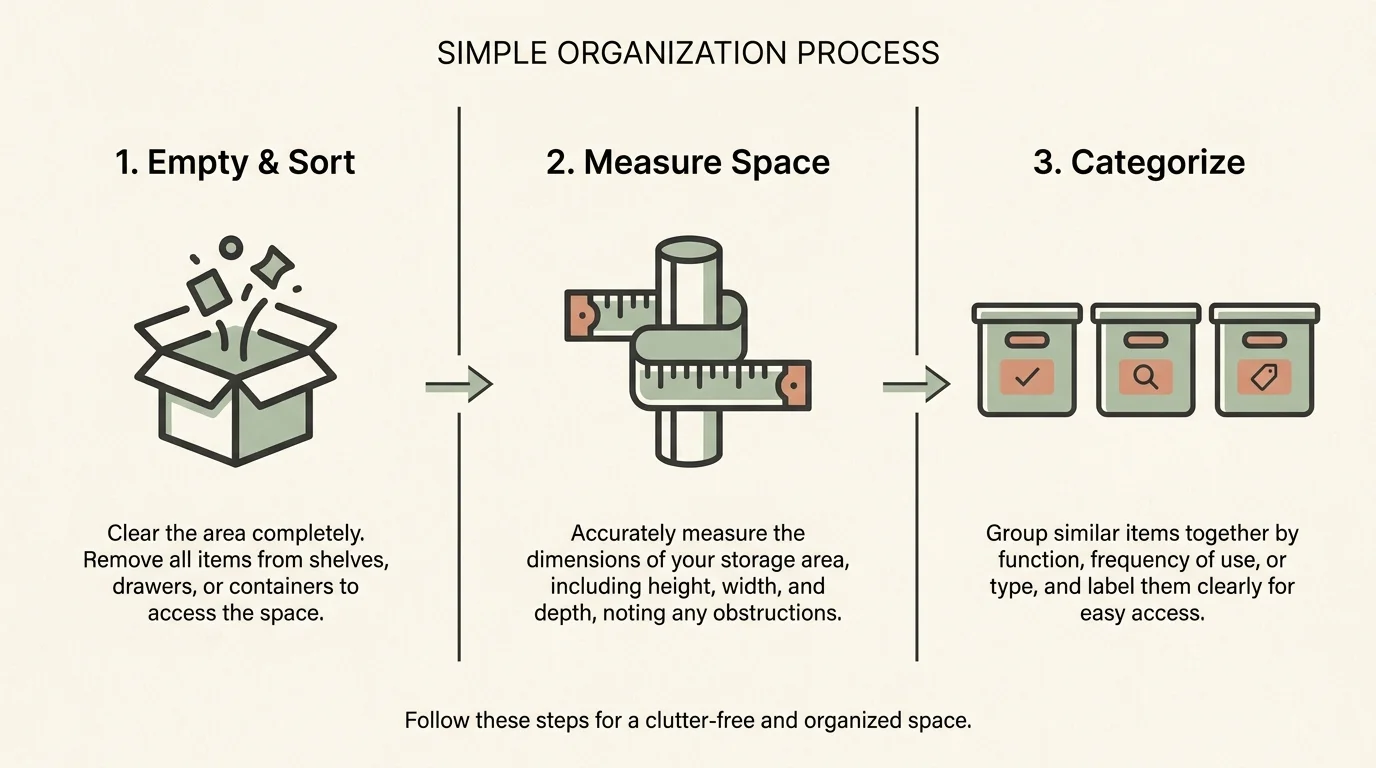 A horizontal 3-step checklist diagram showing the process of emptying, measuring, and categorizing under-sink items.
