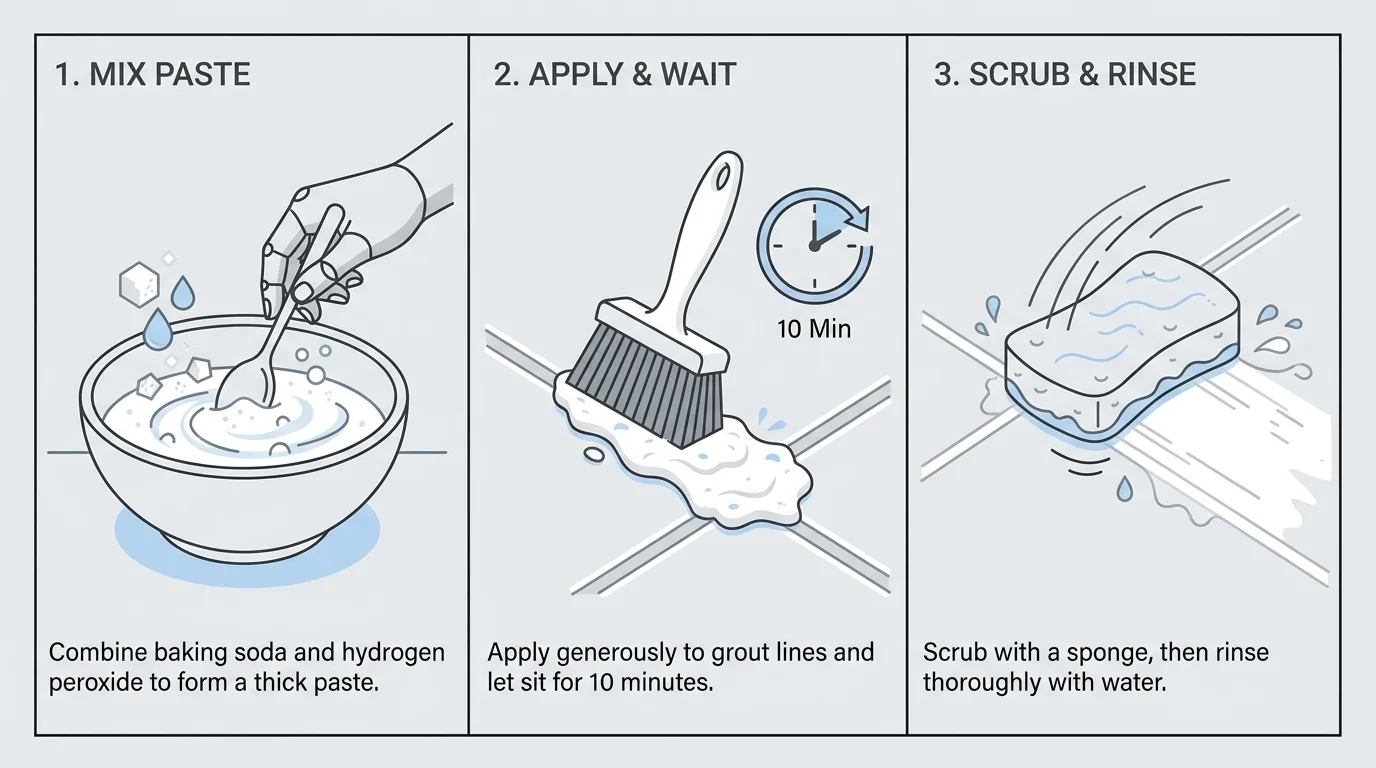 A horizontal 3-step minimalist diagram showing how to mix the paste, apply it to the tile, and scrub it clean.