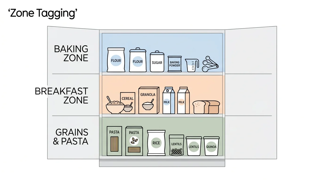 A horizontal diagram of a three-shelf cabinet showing color-coded zones for Baking, Breakfast, and Grains.