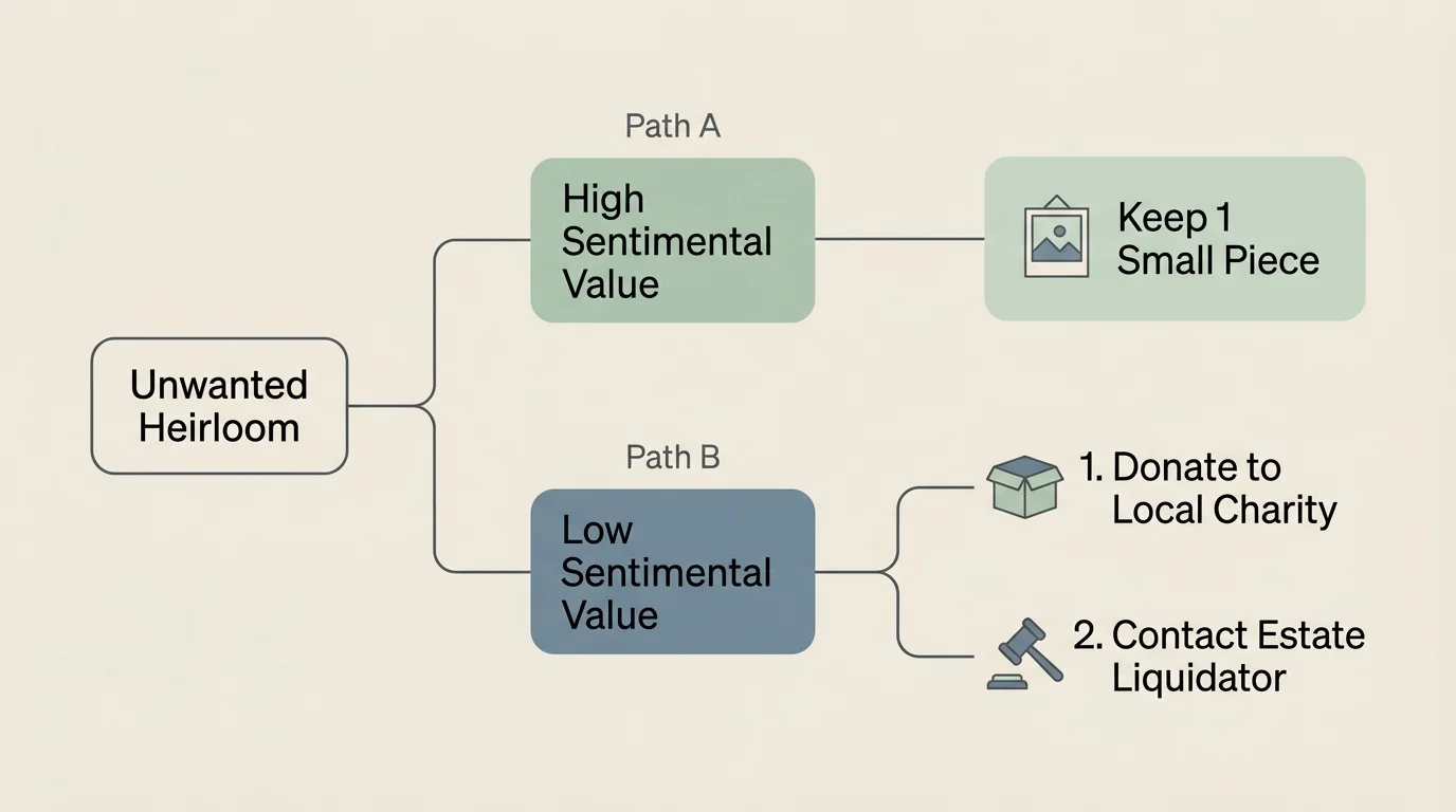A horizontal flowchart showing decision paths for what to do with unwanted family heirlooms.
