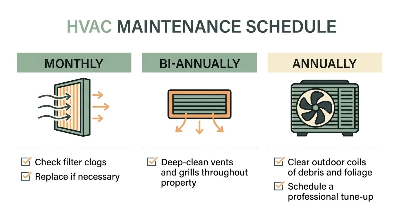 A horizontal maintenance schedule infographic dividing tasks into Monthly, Bi-Annually, and Annually checklists.