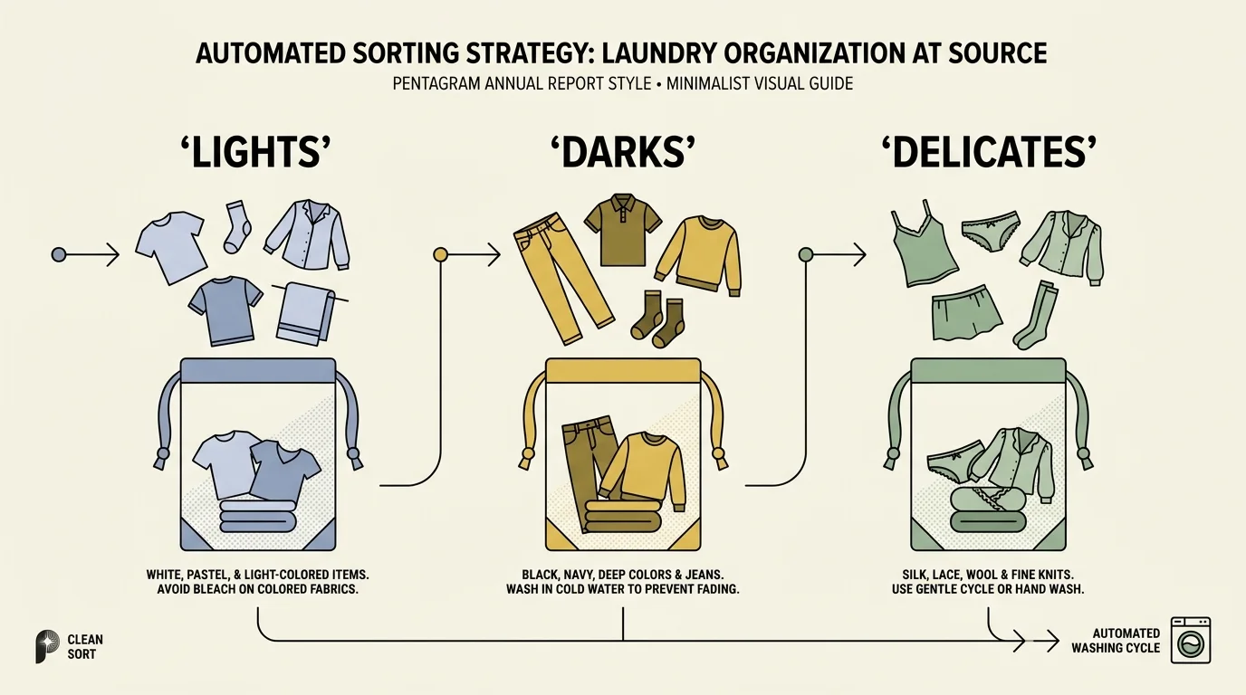 A horizontal minimalist infographic diagram showing a three-compartment laundry sorter labeled Lights, Darks, and Delicates.