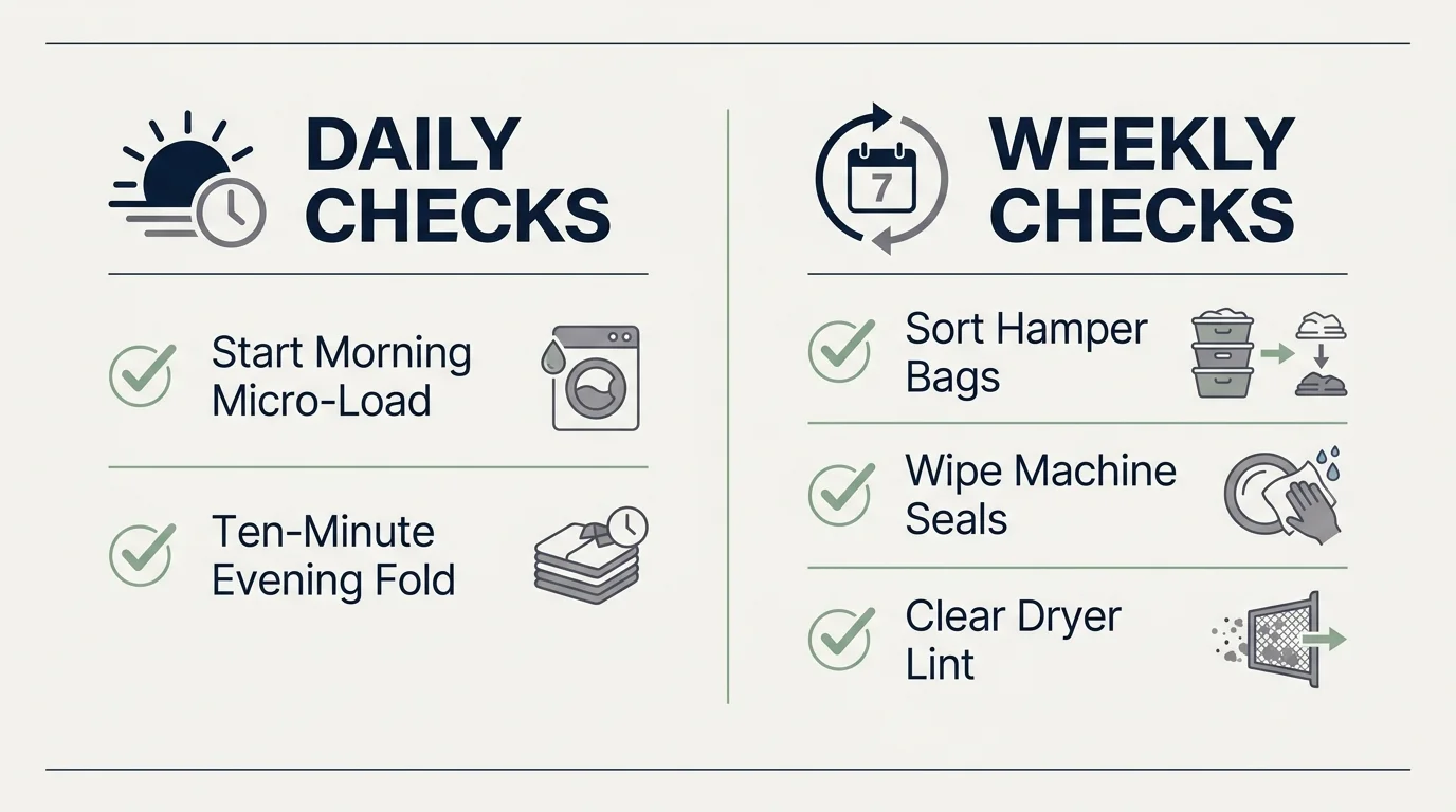 A horizontal split infographic checklist dividing laundry maintenance into simple Daily Checks and Weekly Checks.