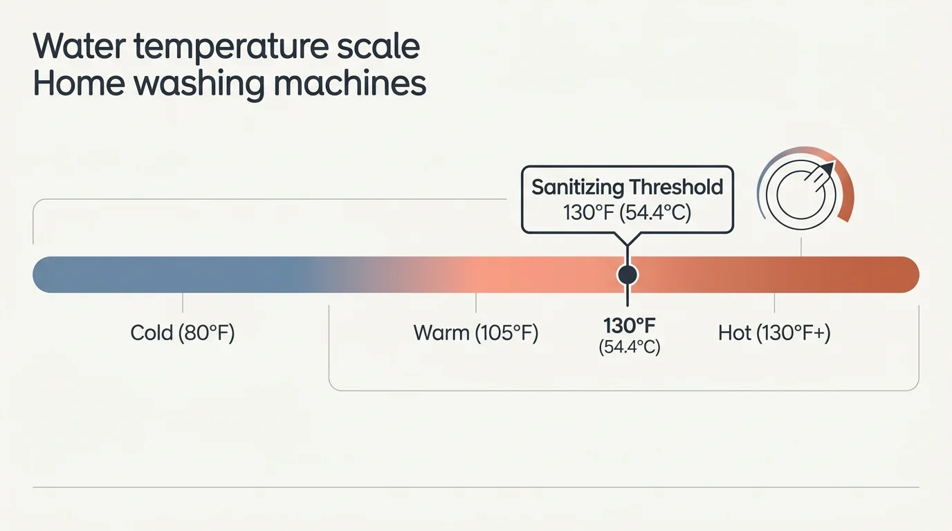 A horizontal temperature scale diagram highlighting 130 degrees Fahrenheit as the key sanitizing threshold for laundry.