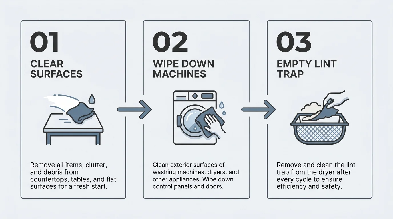 A horizontal three-step diagram outlining a weekly laundry room reset: Clear Surfaces, Wipe Down Machines, and Empty Lint Trap.
