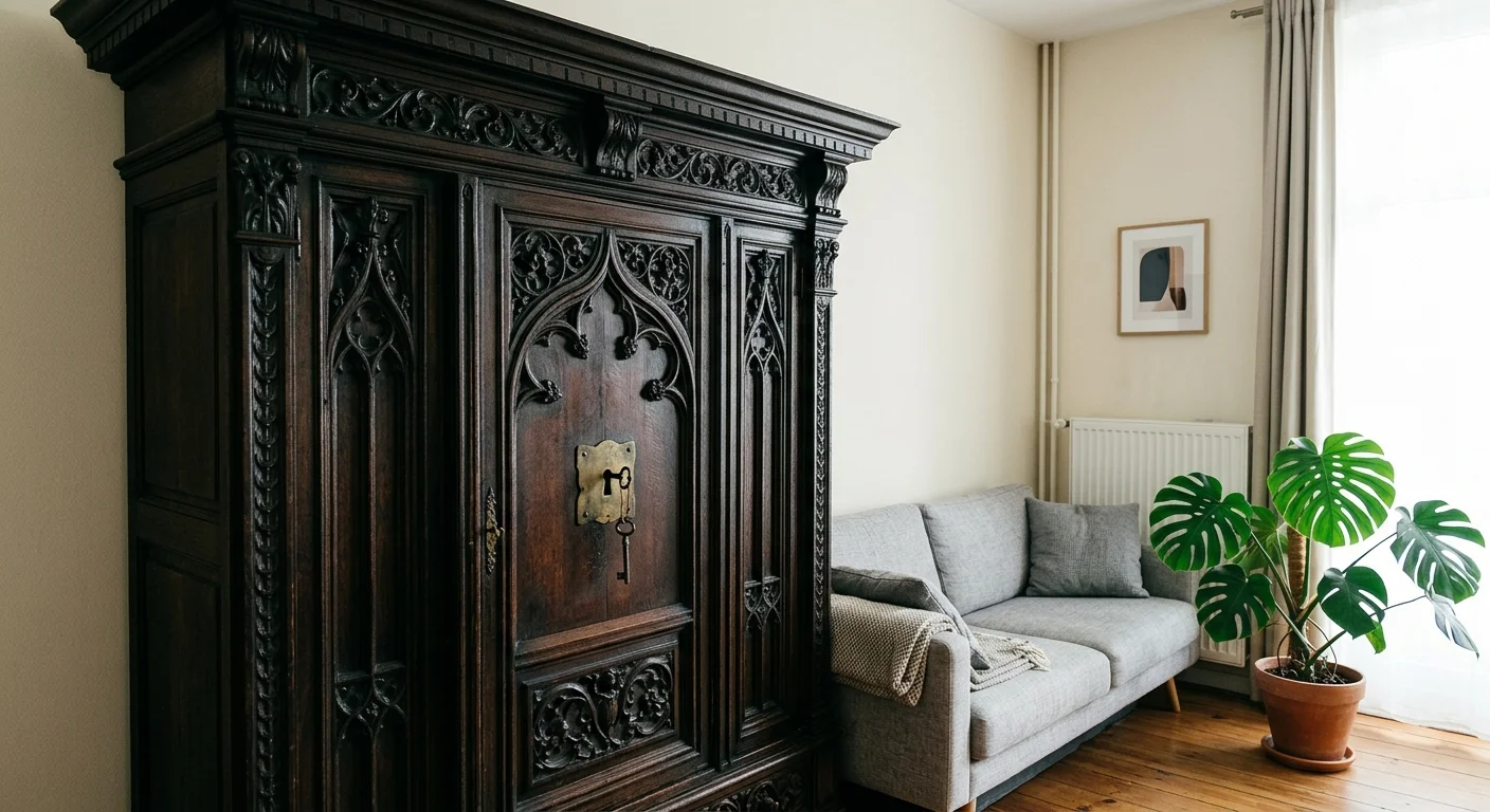 A massive, dark wood Victorian armoire towering over modern minimalist furniture in a small studio apartment.