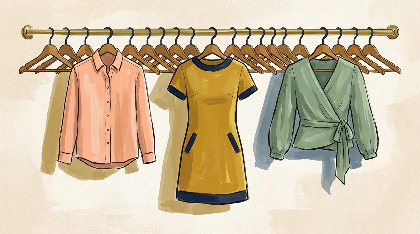 A mid-century modern gouache illustration of colorful linen shirts hanging neatly on wooden hangers along a brass rod.