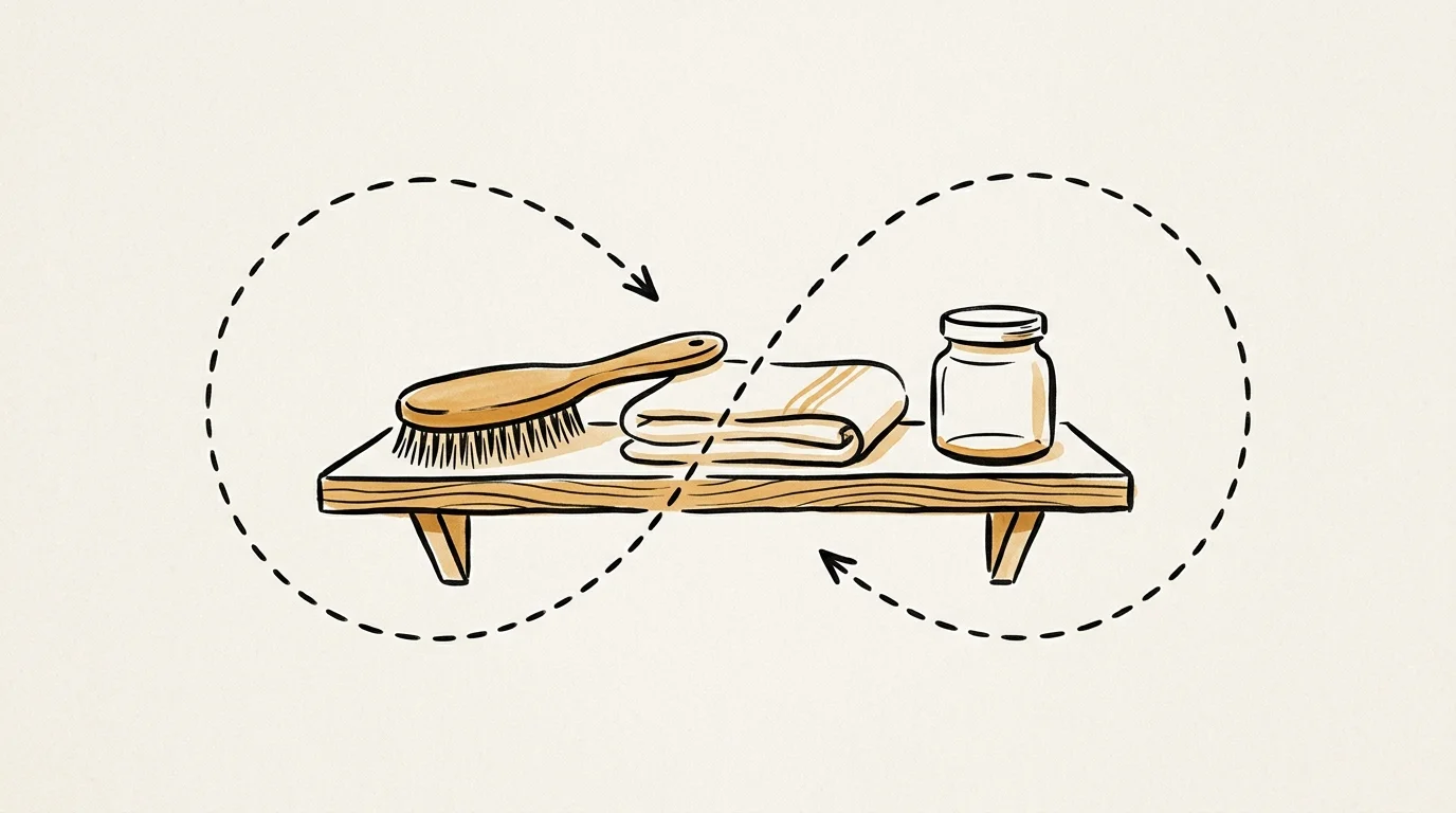 A minimalist conceptual illustration showing a tidy shelf with an infinite loop line, symbolizing routine maintenance.