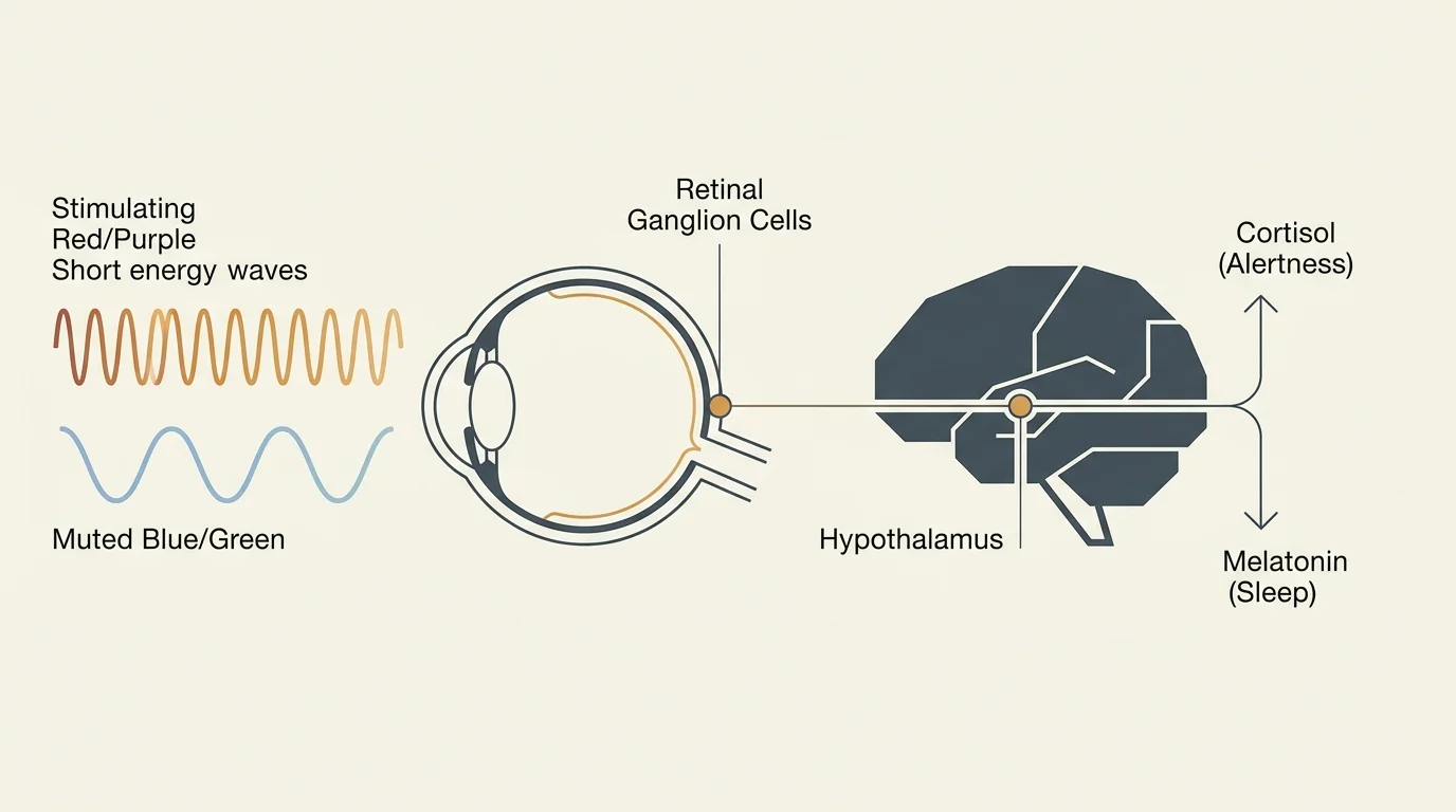 A minimalist diagram illustrating how stimulating and muted color wavelengths affect melatonin and cortisol production in the brain.