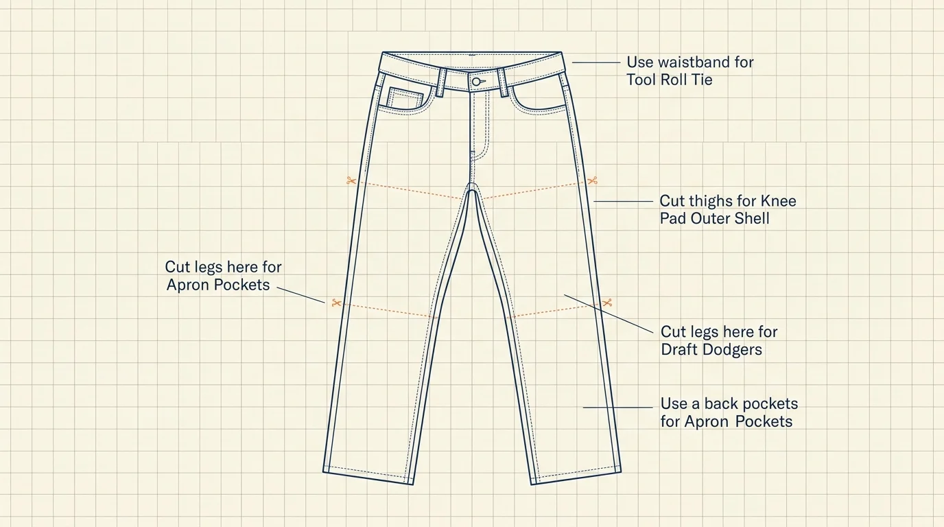 A minimalist diagram of a pair of jeans with dotted lines and labels showing where to cut the fabric for various DIY projects.